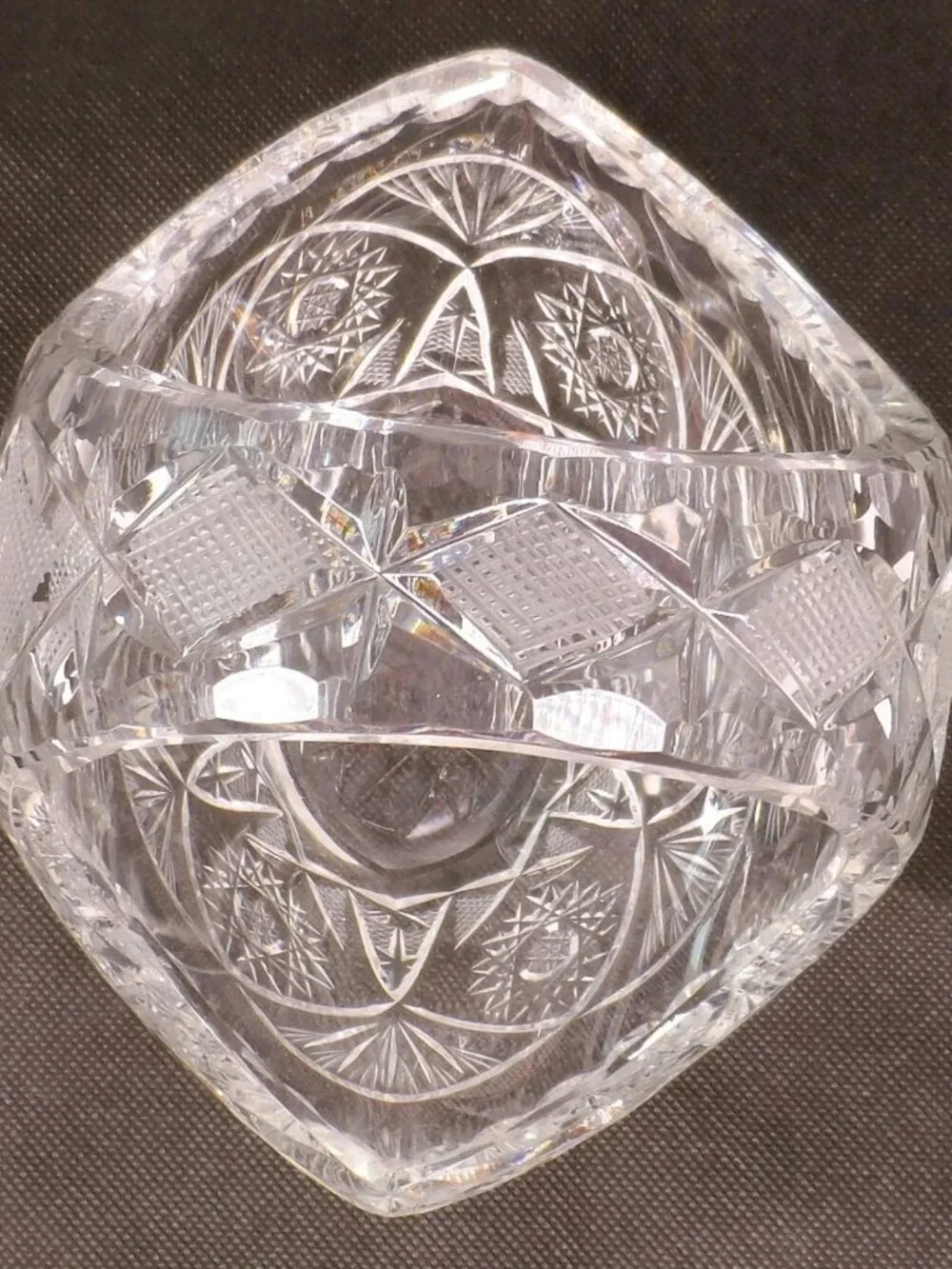 Bohemian Clear Lead Crystal Basket w/Handle Starburst Pinwheel Design 5.75